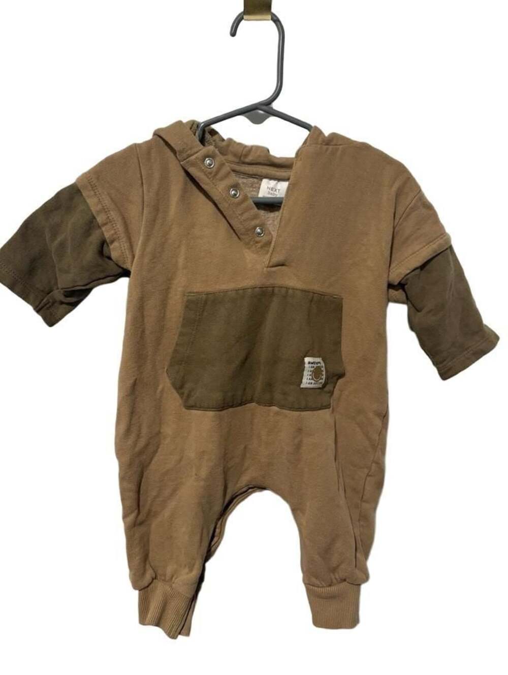 Next Baby Brown & Khaki Pocket Hooded Romper Jumpsuit 6-9 Months